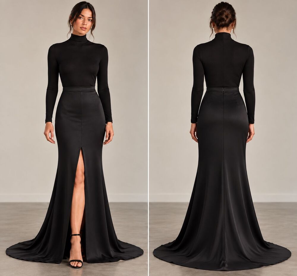 St John Women’s 4 Black Satin Mermaid Maxi Skirt Formal Evening Slit Train Gown